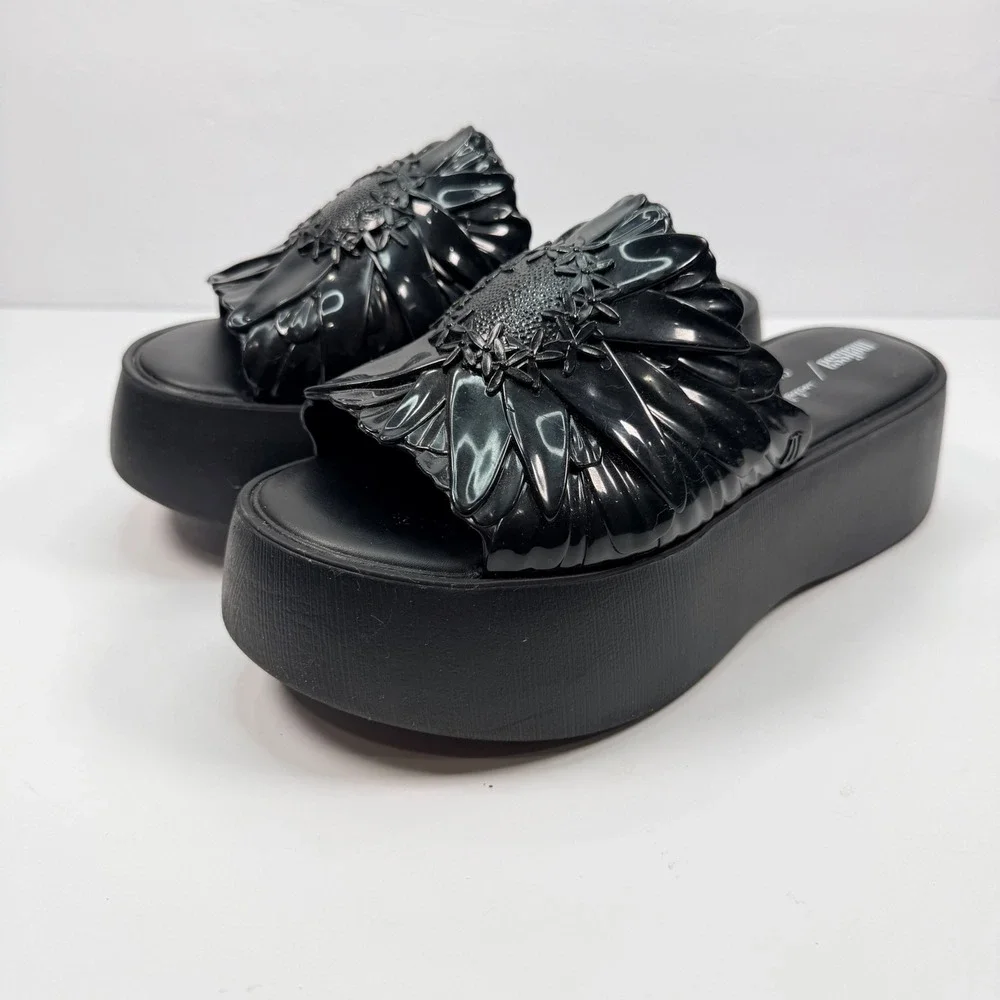 Melissa Womens 7 Isabela Capeto Becky Black Floral Platform Mules Slide Sandals